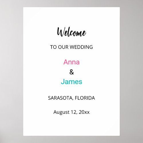 Minimal Aqua Hot Pink Wedding Welcome Poster