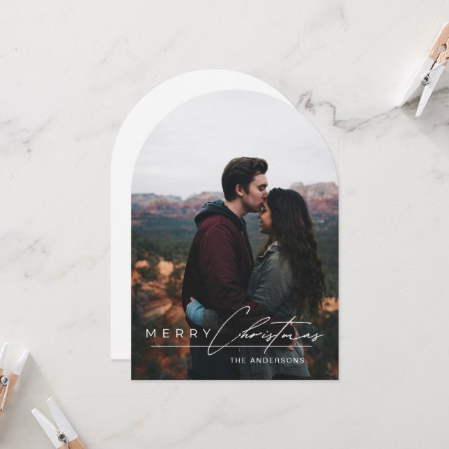 Minimal Arch 1 Photo Merry Christmas Holiday Card (Front/Back In Situ)