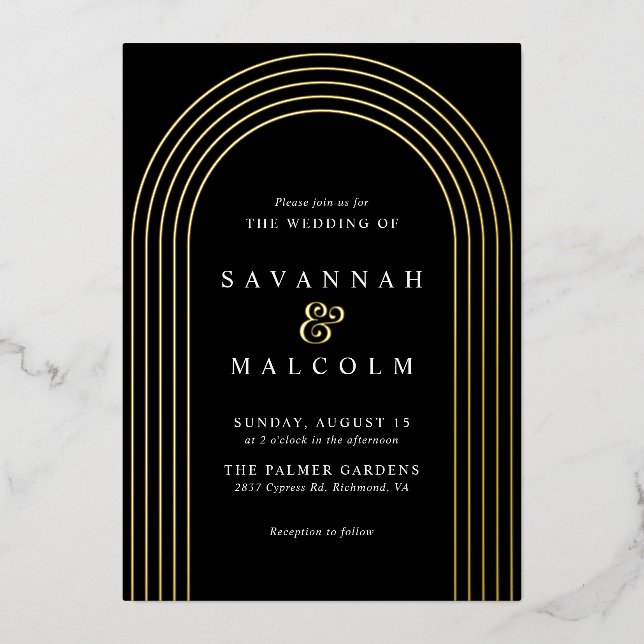Minimal Arch | Gold and Black Simple Luxe Wedding Foil Invitation (Front)