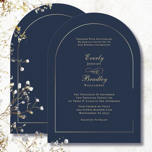 Minimal Arch Navy Gold Elegant Classic Wedding Invitation (Creator Uploaded)