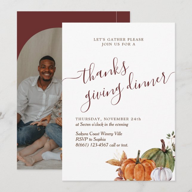 Minimal Arch Photo Burgundy Thanks Giving Dinner Invitation (Front/Back)