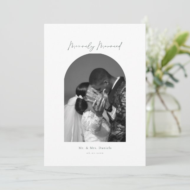 Minimal Arch Photo Emerald Green Merrily Married Holiday Card (Standing Front)