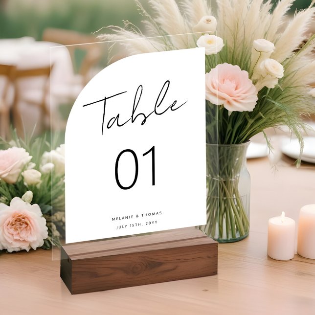Minimal Arch Shape Brush Script White Table Number Acrylic Sign (Minimal Arch Shape Brush Script White Table Number Acrylic Sign)