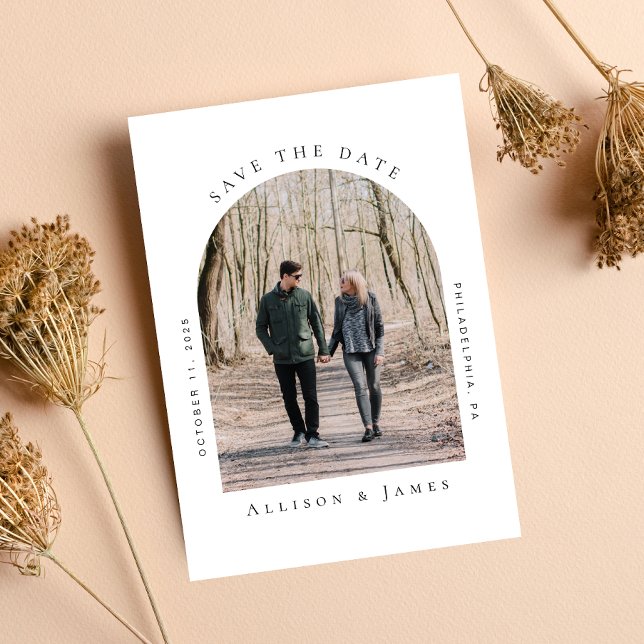 Minimal Arched Frame Photo Save The Date (Easily upload your photo and add your wedding date and location)