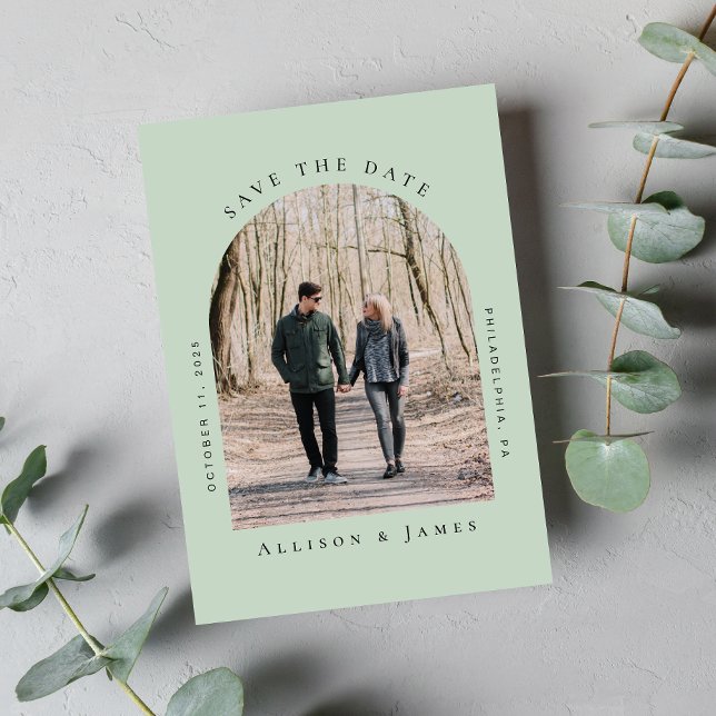 Minimal Arched Photo Sage Green Save The Date (Easily upload your photo and add your names, wedding date and location)