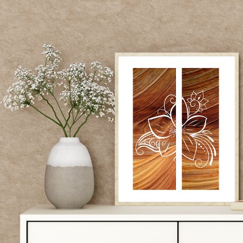 Minimal Art Flower Outline Rich Wood Background Poster