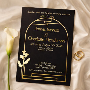 Minimal Art Nouveau Gold Arch Lily Black Wedding Foil Invitation