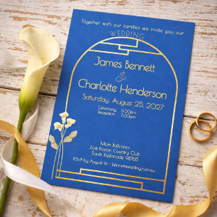 Minimal Art Nouveau Gold Arch Lily Blue Wedding Foil Invitation