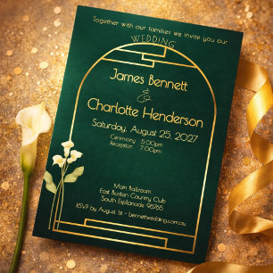 Minimal Art Nouveau Gold Arch Lily Green Wedding Foil Invitation