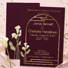 Minimal Art Nouveau Gold Arch Lily Plum Wedding Invitation