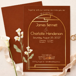 Minimal Art Nouveau Gold Arch Lily Rust Wedding Invitation