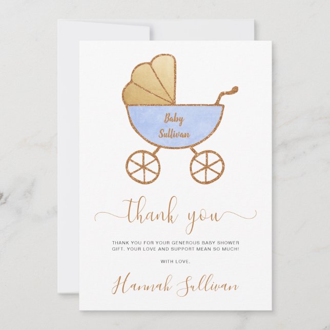 Minimal Baby Boy Shower Retro Carriage Blue Gold Thank You Card (Front)