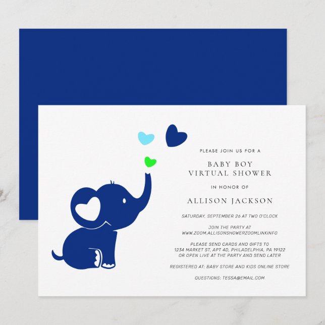 Minimal Baby Boy Virtual Shower Cute Blue Elephant Invitation (Front/Back)