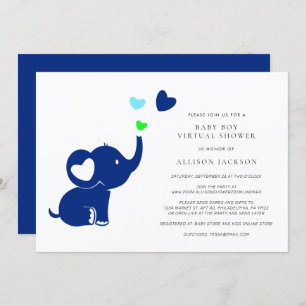 Minimal Baby Boy Virtual Shower Cute Blue Elephant Invitation