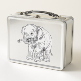 Minimal Baby Elephant Line Art Vector Illustration Metal Lunch Box