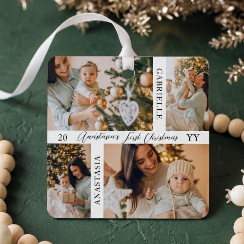 Minimal Baby First Christmas Custom Photo Collage Metal Ornament