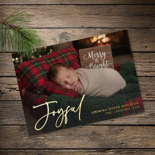 Minimal Baby First Christmas Joyful Photo Foil Holiday Card