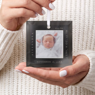 Minimal Baby Name Birth Stats Photo Black Keepsake Glass Ornament
