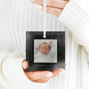 Minimal Baby Name Birth Stats Photo Black Keepsake Glass Ornament