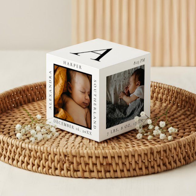 Minimal Baby Name & Birth Stats Photo Keepsake Cube (Minimal Baby Name & Birth Stats Photo Keepsake White Cube)