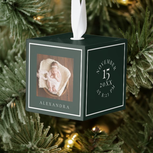 Minimal Baby Name & Birth Stats Photo Keepsake Cube Ornament (Tree)