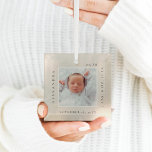Minimal Baby Name & Birth Stats Photo Keepsake  Glass Ornament<br><div class="desc">Minimal and modern simple baby photo & birth Stats keepsake photo ornament. The design features a simple minimal design with a square photo design to display your special baby photo. The Baby's Name,  date,  time,  and birth stats are displayed in a simple modern design around the photo.</div>