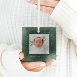 Minimal Baby Name & Birth Stats Photo Keepsake Glass Ornament<br><div class="desc">Minimal and modern simple baby photo & birth Stats keepsake photo ornament. The design features a simple minimal design with a square photo design to display your special baby photo. The Baby's Name,  date,  time,  and birth stats are displayed in a simple modern design around the photo.</div>