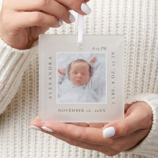 Minimal Baby Name & Birth Stats Photo Keepsake Glass Ornament