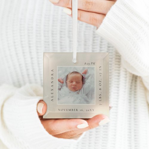 Minimal Baby Name  Birth Stats Photo Keepsake  Glass Ornament