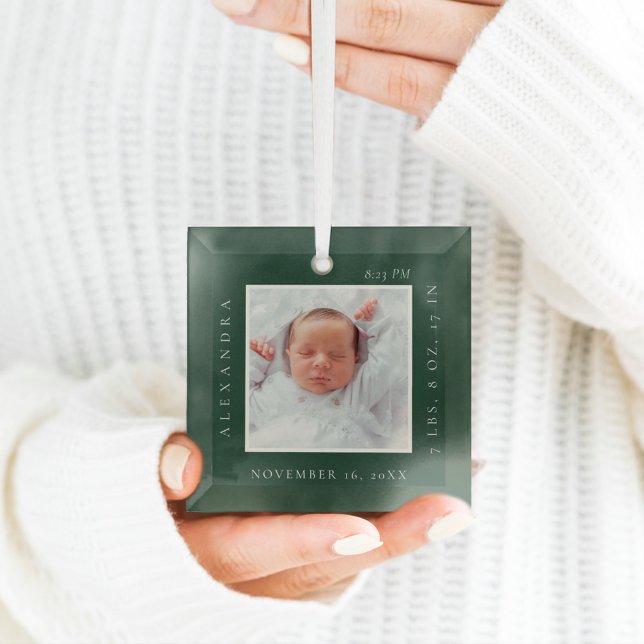 Minimal Baby Name & Birth Stats Photo Keepsake Glass Ornament (Creator Uploaded)