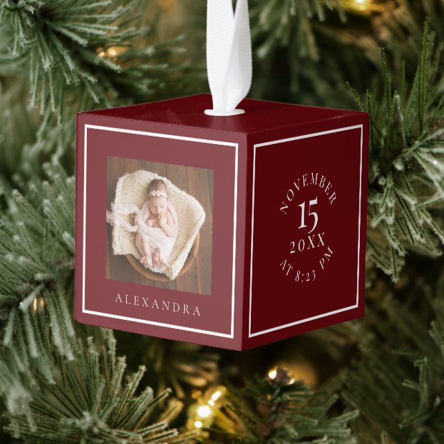 Minimal Baby Name & Birth Stats Photo Red Keepsake Cube Ornament (Tree)
