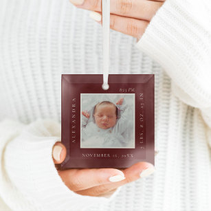 Minimal Baby Name & Birth Stats Photo Red Keepsake Glass Ornament