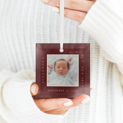 Minimal Baby Name  Birth Stats Photo Red Keepsake Glass Ornament