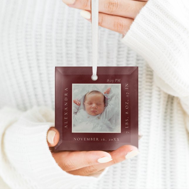Minimal Baby Name & Birth Stats Photo Red Keepsake Glass Ornament (Creator Uploaded)