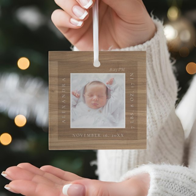 Minimal Baby Name & Birth Stats Photo Woodgrain Glass Ornament (Minimal Baby Name & Birth Stats Photo Woodgrain Glass Ornament)