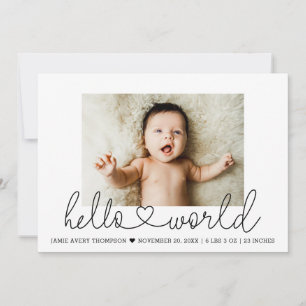 Minimal Baby Photo Hello World Modern heart script Announcement
