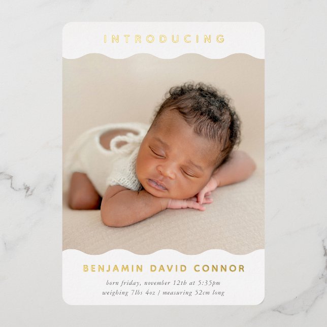 MINIMAL BABY PHOTO simple introducing wave edge Foil Invitation (Front)