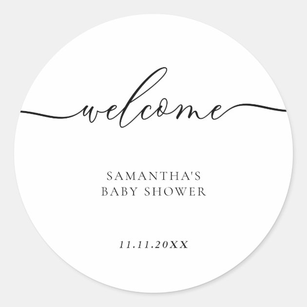Minimal Baby Shower Script Lettering Welcome Classic Round Sticker