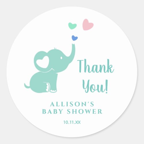 Minimal Baby Shower Teal Green Elephant Thank You Classic Round Sticker