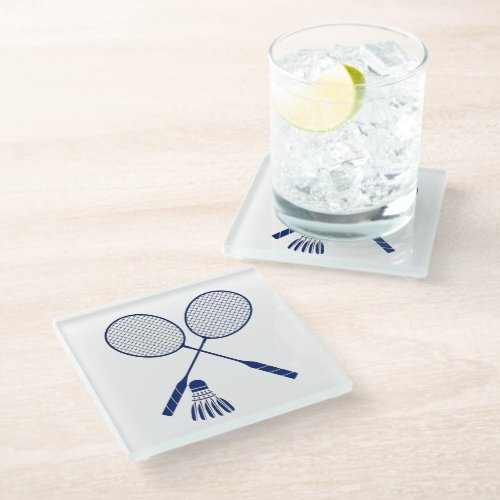 Minimal Badminton Rackets Shuttlecock Birdie Blue  Glass Coaster