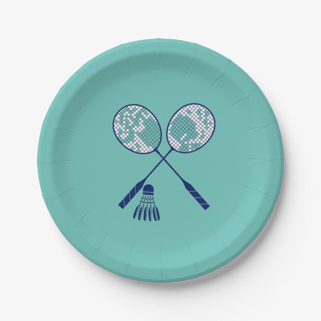 Minimal Badminton Rackets Shuttlecock Birdie Teal Paper Plates (Front)