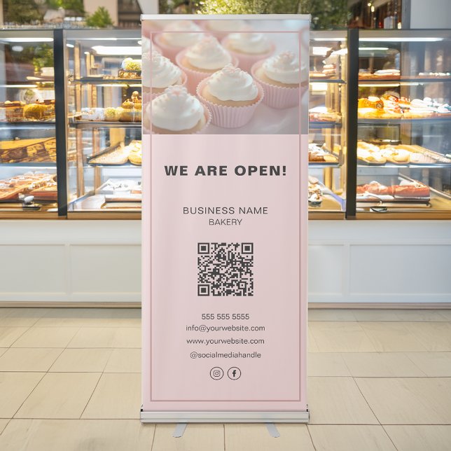 Minimal Bakery Custom Photo QR Social Media Pink Retractable Banner (Minimal Bakery Custom Photo QR Social Media Pink Retractable Banner)