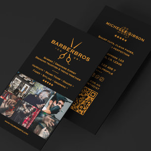 Minimal Barber Grid Photos Orange Black Barbershop Business Card