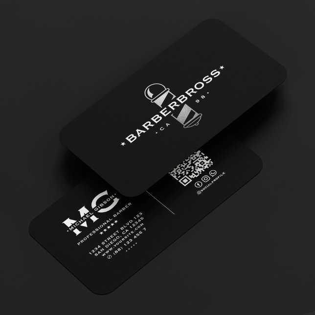 Minimal Barbershop Modern Barber Pole Black Silver Business Card (Minimal Barbershop Modern Barber Pole Black Silver Business Card
)