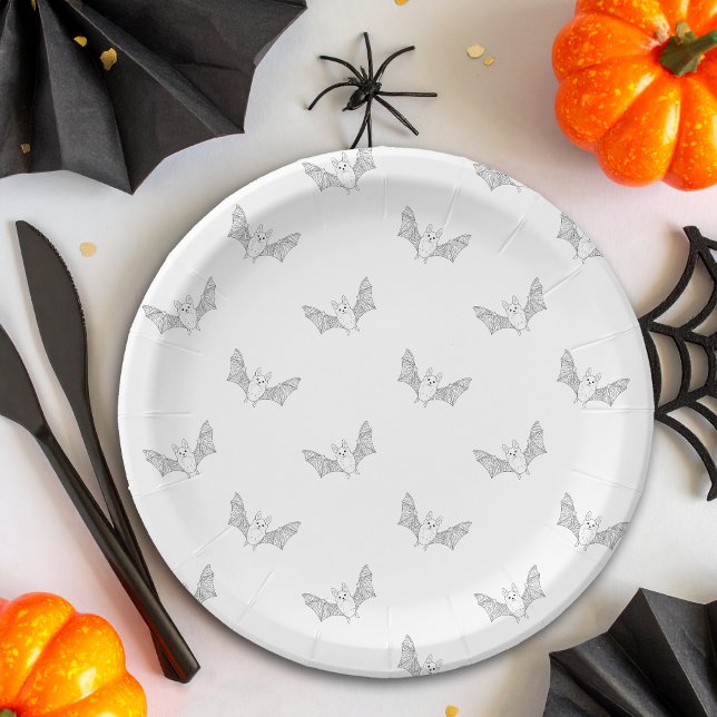 Minimal Bat Line Art Pattern Cute Halloween Paper Plates (Creator Uploaded)