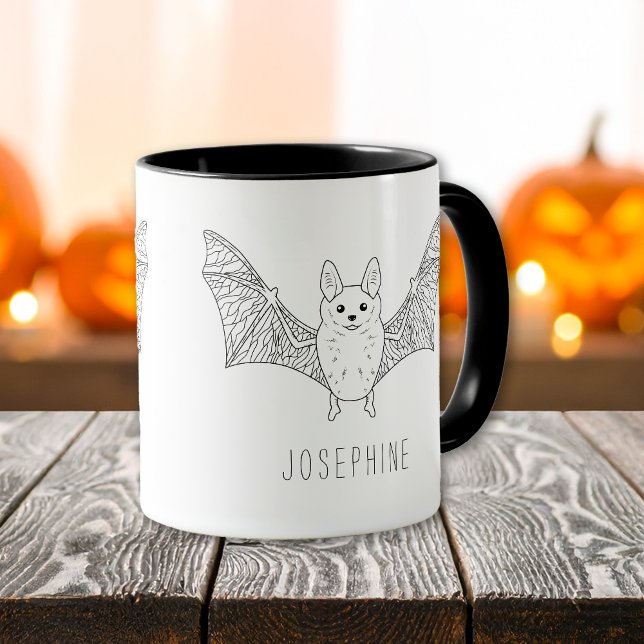 Minimal Bat Line Art With Custom Name Halloween Mug (Creator Uploaded)
