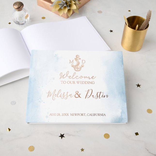 Minimal Beach Anchor Coastal Nautical Wedding Foil Guest Book (Front Open)