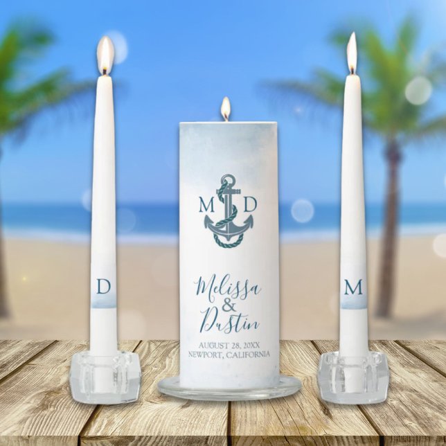 Minimal Beach Blue Anchor Nautical Wedding  Unity Candle Set (Minimal Beach Blue Anchor Nautical Wedding Unity Candle Set)