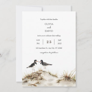 Minimal Beach Sand Dunes Oystercatchers Wedding Invitation