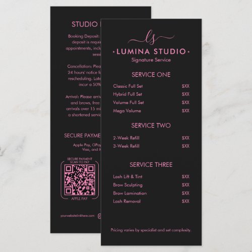 Minimal Beauty Pink Black Lash Tech Price List QR Menu